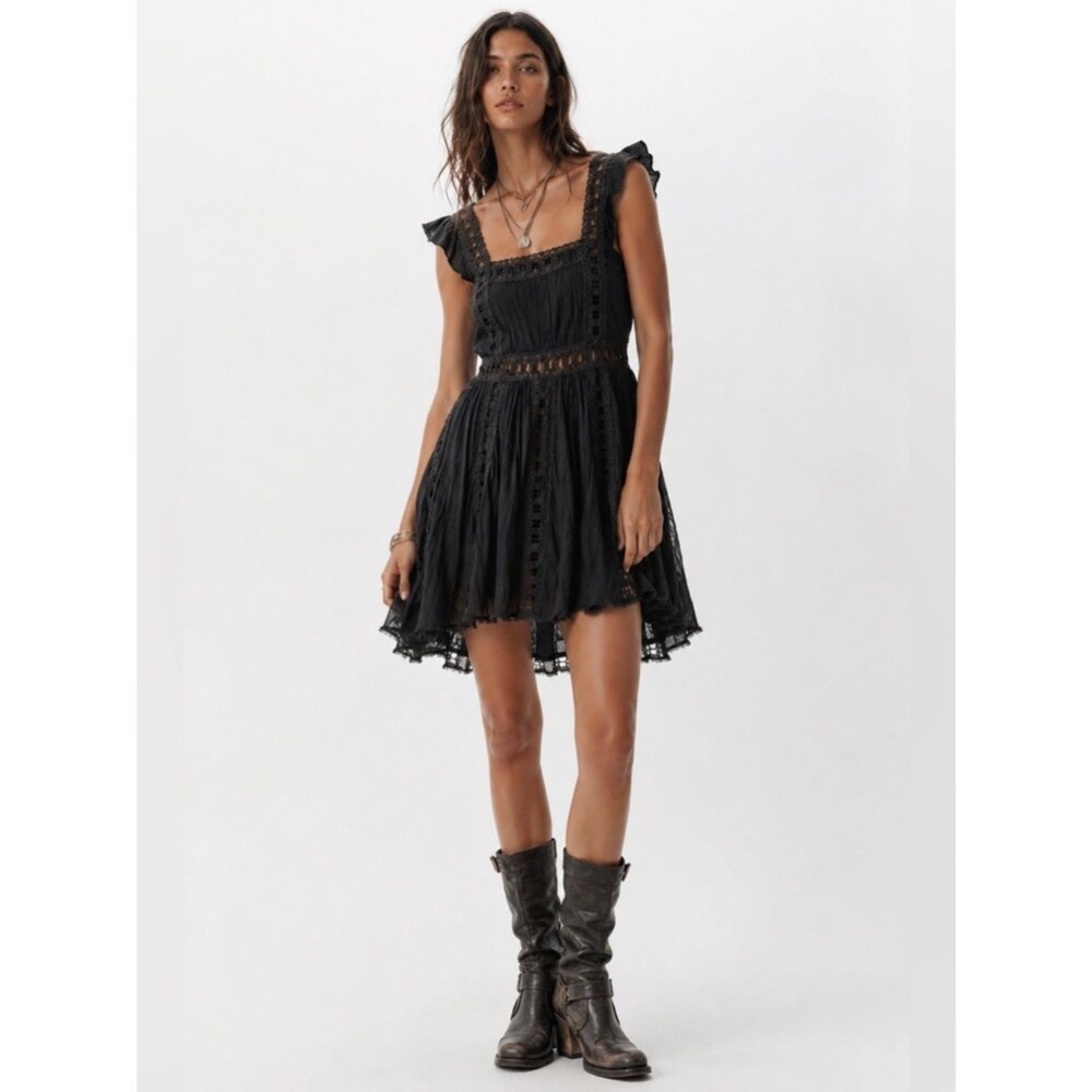 Buddy Love Black Lace Babydoll Mini Dress Small Flutter Sleeve Boho Coquette